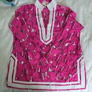 Michael Kors Hot Pink Printed Tunic with White Trim Size L
